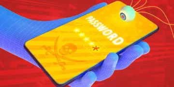 Wireframe hand holding phone displaying a password entry screen with a skull and crossbones; Pegasus spyware concerns. - Supply Chain News