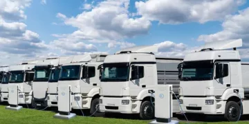 Row of electric delivery trucks charging at a station. Sustainable last-mile logistics. - Supply Chain News