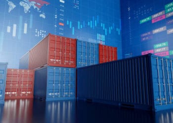 Shipping containers against a backdrop of global trade data. WTO trade developments. - Supply Chain News