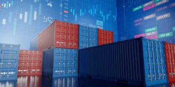 Shipping containers against a backdrop of global trade data. WTO trade developments. - Supply Chain News