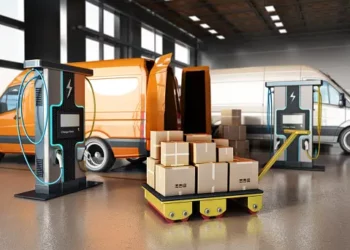 Electric delivery vans charging at a warehouse, with a hand truck carrying boxes. Sustainable freight and logistics. - Supply Chain News