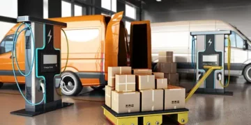 Electric delivery vans charging at a warehouse, with a hand truck carrying boxes. Sustainable freight and logistics. - Supply Chain News