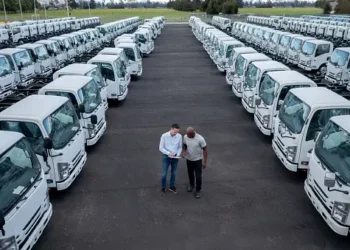Two men standing in front of a row of zero-emission trucks at the Long Beach Ports, Los Angeles.