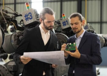 Two engineers review a circuit board and blueprints, assessing risk in a factory setting. #3, #1 - Supply Chain News