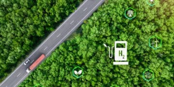 Aerial view of highway with hydrogen fuel cell vehicles, illustrating the global energy market transformation. - Supply Chain News
