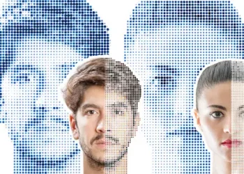 A group of people's faces are shown on a dotted background, showcasing the impact of facial recognition technology in China.