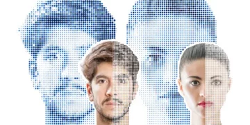 A group of people's faces are shown on a dotted background, showcasing the impact of facial recognition technology in China.