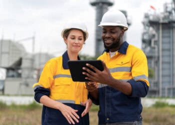 Two engineers reviewing a tablet, improving risk management in factoring and receivables finance. - Supply Chain News