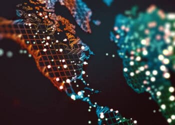 Abstract world map highlighting North America and Europe, illustrating global trade connections. - Supply Chain News