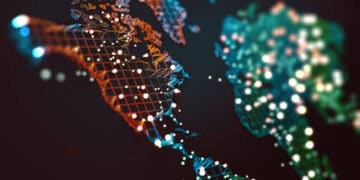 Abstract world map highlighting North America and Europe, illustrating global trade connections. - Supply Chain News