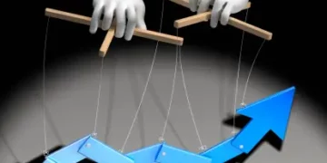 Two hands manipulate a rising graph via strings, symbolizing market control and potential fraud. - Supply Chain News