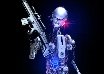 Robot holding a sniper rifle, raising concerns about lethal autonomous weapons systems. - Supply Chain News