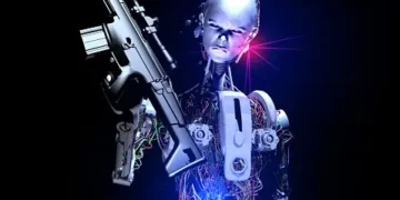 Robot holding a sniper rifle, raising concerns about lethal autonomous weapons systems. - Supply Chain News