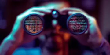 Person using binoculars, lenses filled with blurred code. Alleged spyware investigation in India. - Supply Chain News