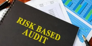 Notebook titled "Risk Based Audit" with financial documents and graphs. AICPA risk-based auditing standard. - Supply Chain News