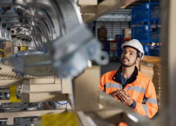 A worker is looking at a machine in the expanded Las Vegas warehouse of CarParts.com, striving to enhance supply chain efficiency.