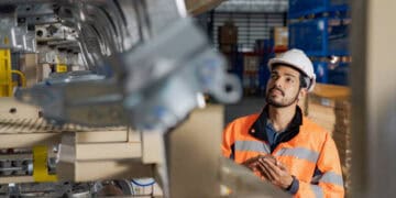 A worker is looking at a machine in the expanded Las Vegas warehouse of CarParts.com, striving to enhance supply chain efficiency.
