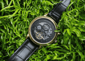 Gold Patek Philippe Geneve watch with black leather band, nestled in green foliage. - Supply Chain News