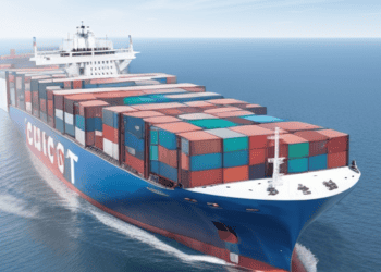 A large container ship, operated by global freight forwarders, sailing in the ocean.