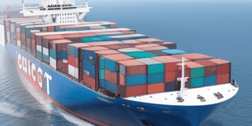 A large container ship, operated by global freight forwarders, sailing in the ocean.