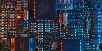 A close up image of a semiconductor circuit board.