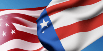 Two American flags waving in the wind symbolize the trade dynamics and U.S.-China relationship.