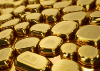 A row of rare metal gold bars, subject to China's export restrictions, are carefully arranged.