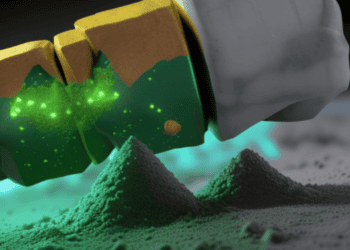 An image of a green glowing object on top of a pile of sand, hinting at the potential increase in uranium prices resulting from a military coup.