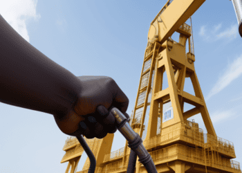 A hand is holding a hose in front of an oil rig in Angola.