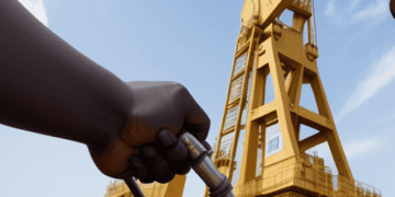 A hand is holding a hose in front of an oil rig in Angola.