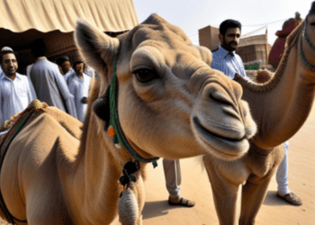 Two camels standing next to each other in Pakistan's sandy terrain during Eid al-Adha.