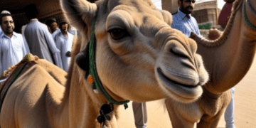 Two camels standing next to each other in Pakistan's sandy terrain during Eid al-Adha.