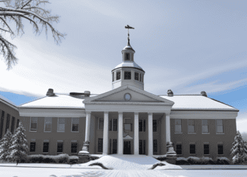 A constitutional building covered in snow.