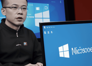 A man sitting in front of a computer with the Microsoft logo on it, diligently monitoring Western Government Emails for potential security breaches by China-Linked Hackers.