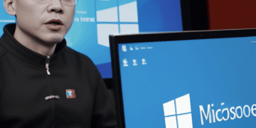 A man sitting in front of a computer with the Microsoft logo on it, diligently monitoring Western Government Emails for potential security breaches by China-Linked Hackers.