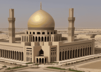 A budget-friendly 3D rendering of a mosque in Iraq's desert setting.