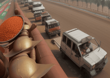 A truck is driving down the road in India, contributing to economic growth amid global challenges.