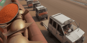 A truck is driving down the road in India, contributing to economic growth amid global challenges.