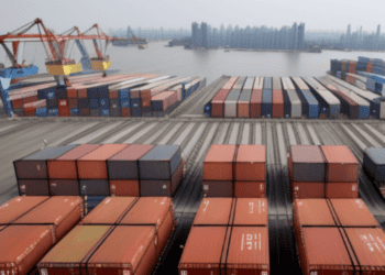 A view of a container dock with many containers, showcasing international exports.
