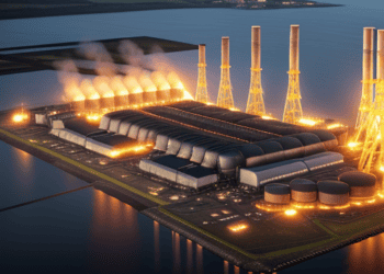 3d rendering of a hazardous industrial power plant at night.