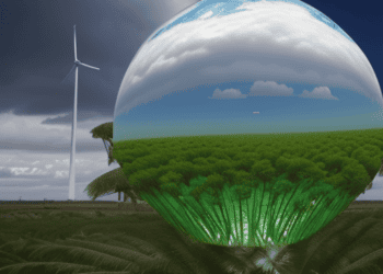 A 3D image of a sphere with trees and a windmill showcasing U.S. contributions to COP28.