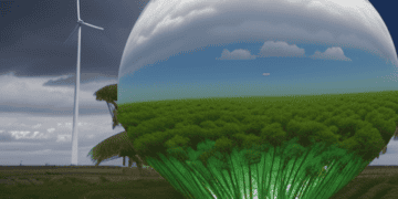 A 3D image of a sphere with trees and a windmill showcasing U.S. contributions to COP28.