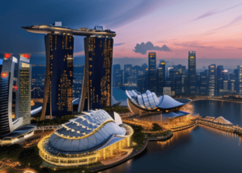 The marina bay sands skyline at dusk in Singapore showcases the city's captivating digital transformation.
