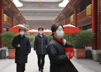 A group of middle class people wearing face masks in a courtyard in China.