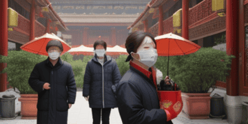 A group of middle class people wearing face masks in a courtyard in China.