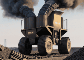 A record-high truck driving through a coal field with smoke coming out of it, amidst the global coal consumption crisis.