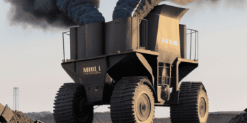 A record-high truck driving through a coal field with smoke coming out of it, amidst the global coal consumption crisis.