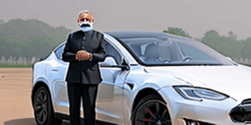 Elon Musk standing next to a Tesla Model S, hinting at Tesla's investment plans in India.