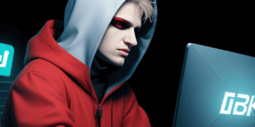 A man in a red hoodie, working for a Federal Agency, is using an outdated software on his laptop.