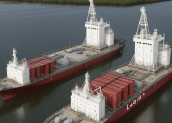 Two large cargo ships in the water near the proposed LNG Terminal in Louisiana.
